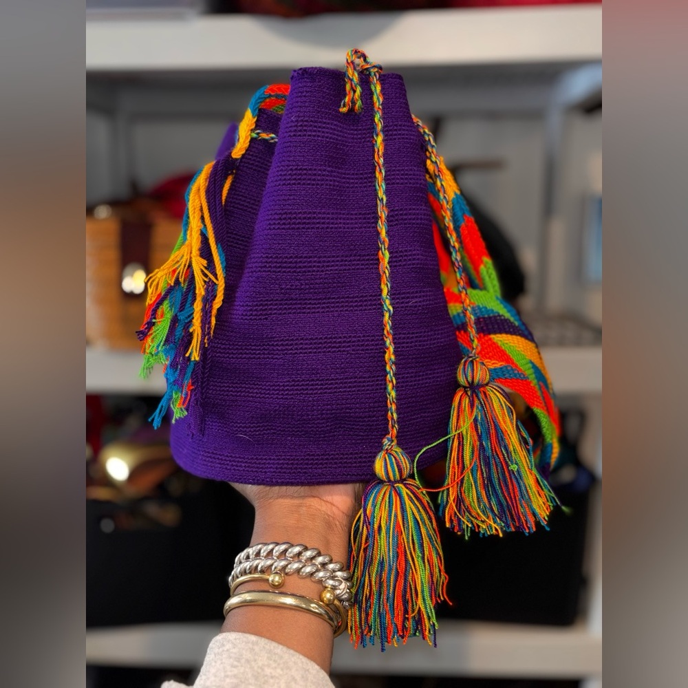 Wayuu Boho Mochila Colombian Crossbody Bag Large Purple  Tassels